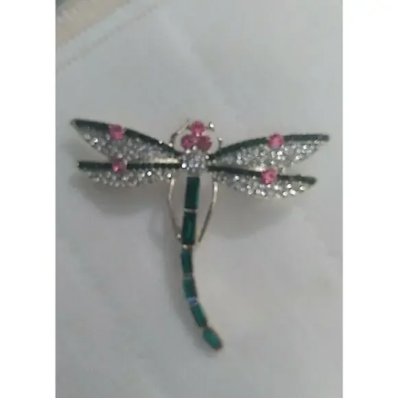 Oversized Dragonfly Brooch Pin Golden Tone Green Enamel Scarf Clip - Picture 4 of 5